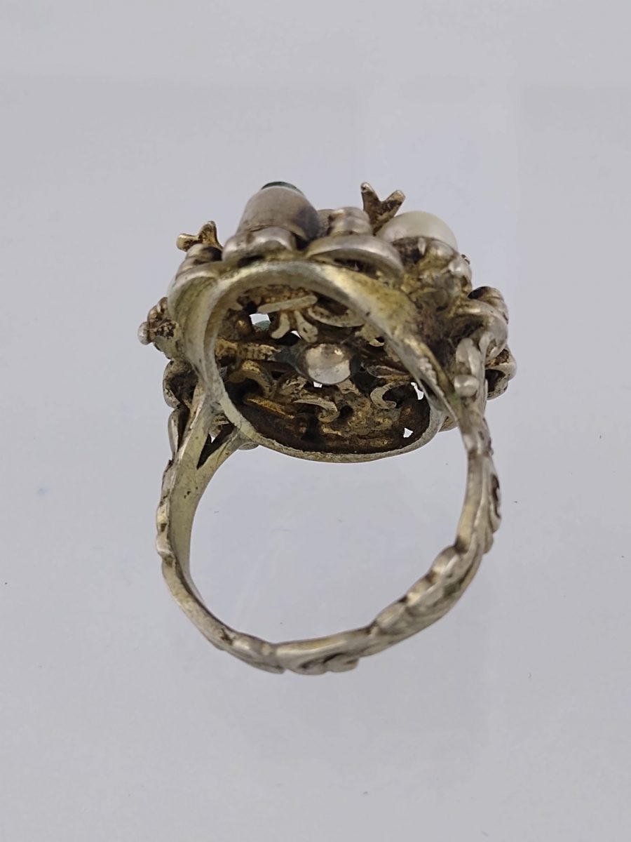 Anillo plata, perlas, esmeraldas, amatistas y esmalte - Imagen 3