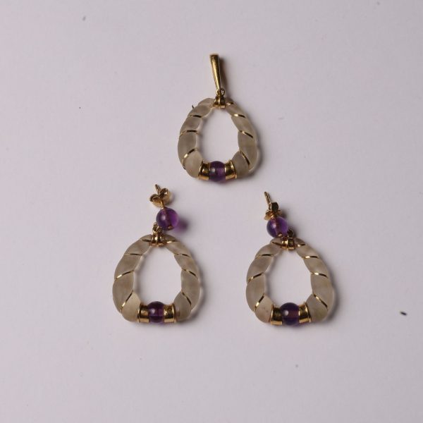 Caravanas y colgante oro 18 K, cristal y amatistas