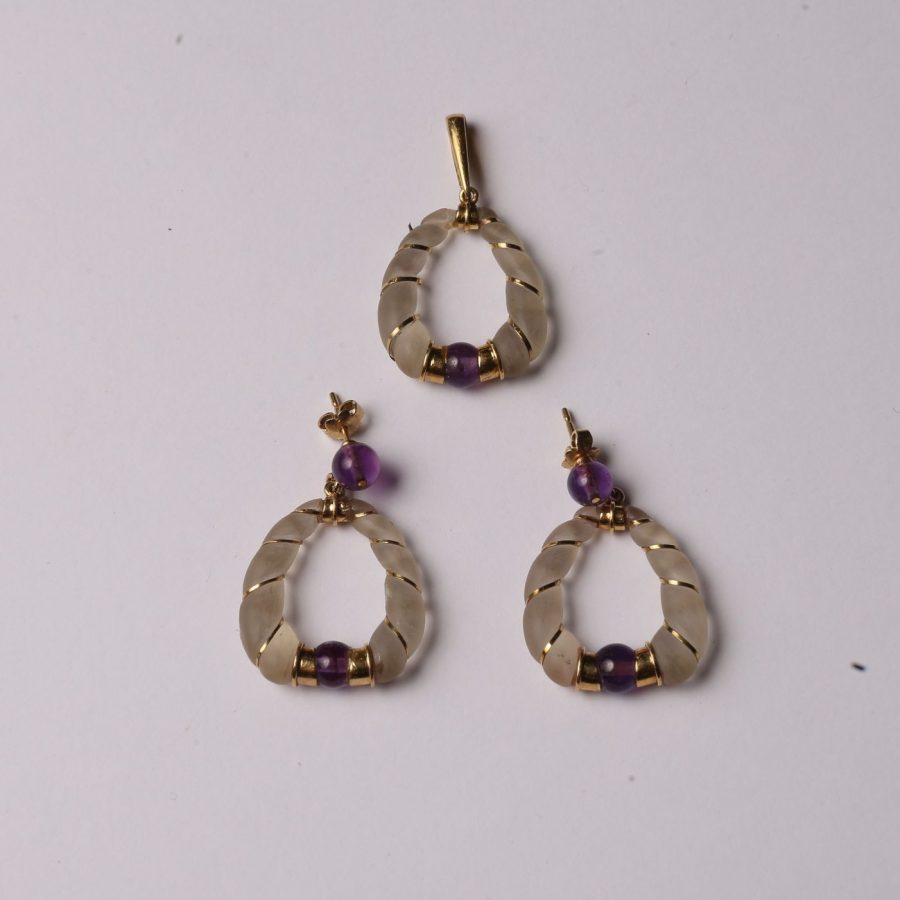 Caravanas y colgante oro 18 K, cristal y amatistas