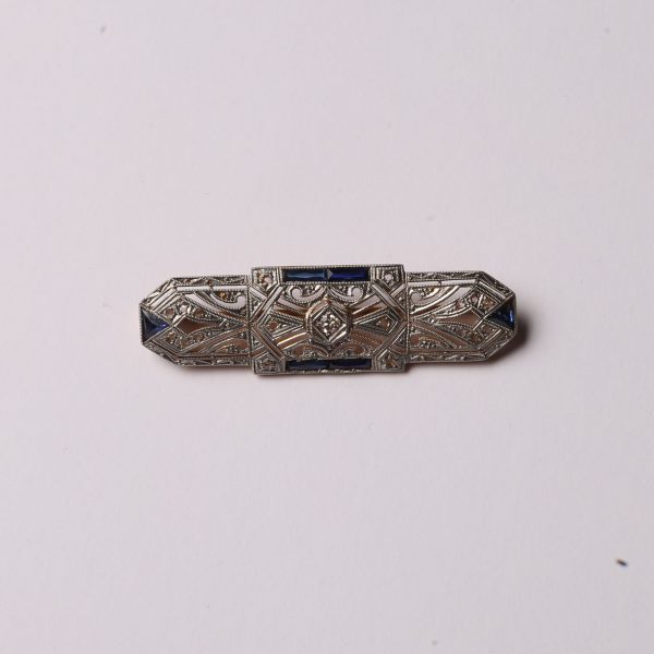 Plaqueta art decó oro 18 K, zafiros, brillantes y diamantes