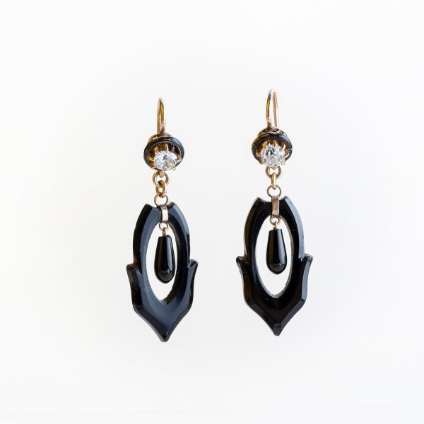 Par de caravanas s. XIX ónix, oro, esmalte y brillantes