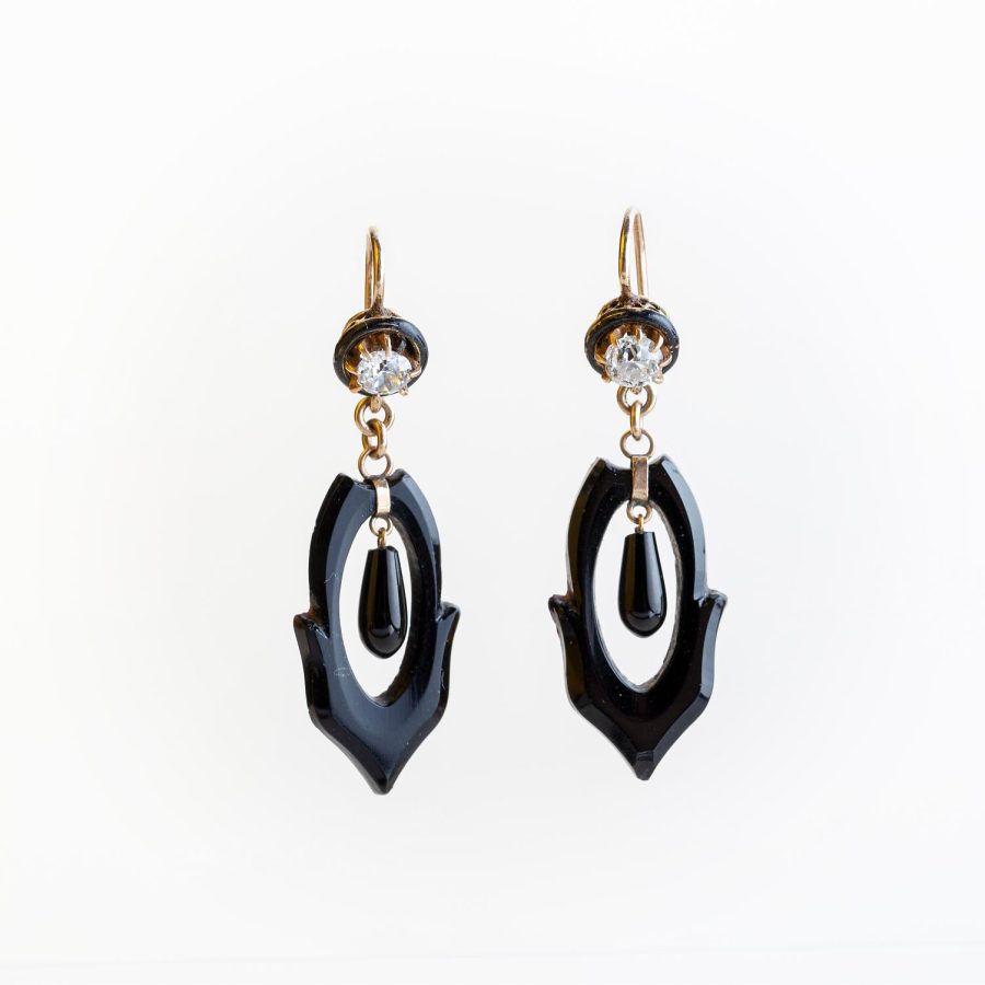 Par de caravanas s. XIX ónix, oro, esmalte y brillantes