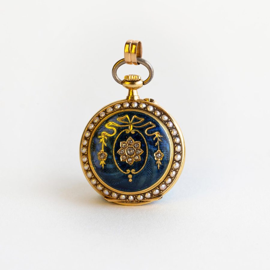 Reloj châtelaine de bolsillo oro 18 K, esmalte y diamantes - Imagen 2