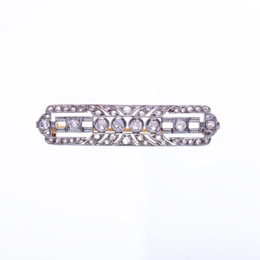 Plaqueta art decó oro 18 K blanco y amarillo, brillantes y diamantes