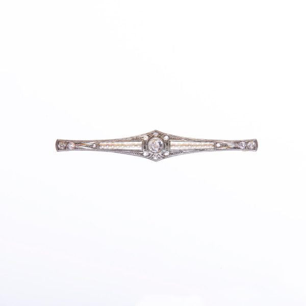 Prendedor oro 18 K blanco y amarillo, perlas, brillantes y diamantes