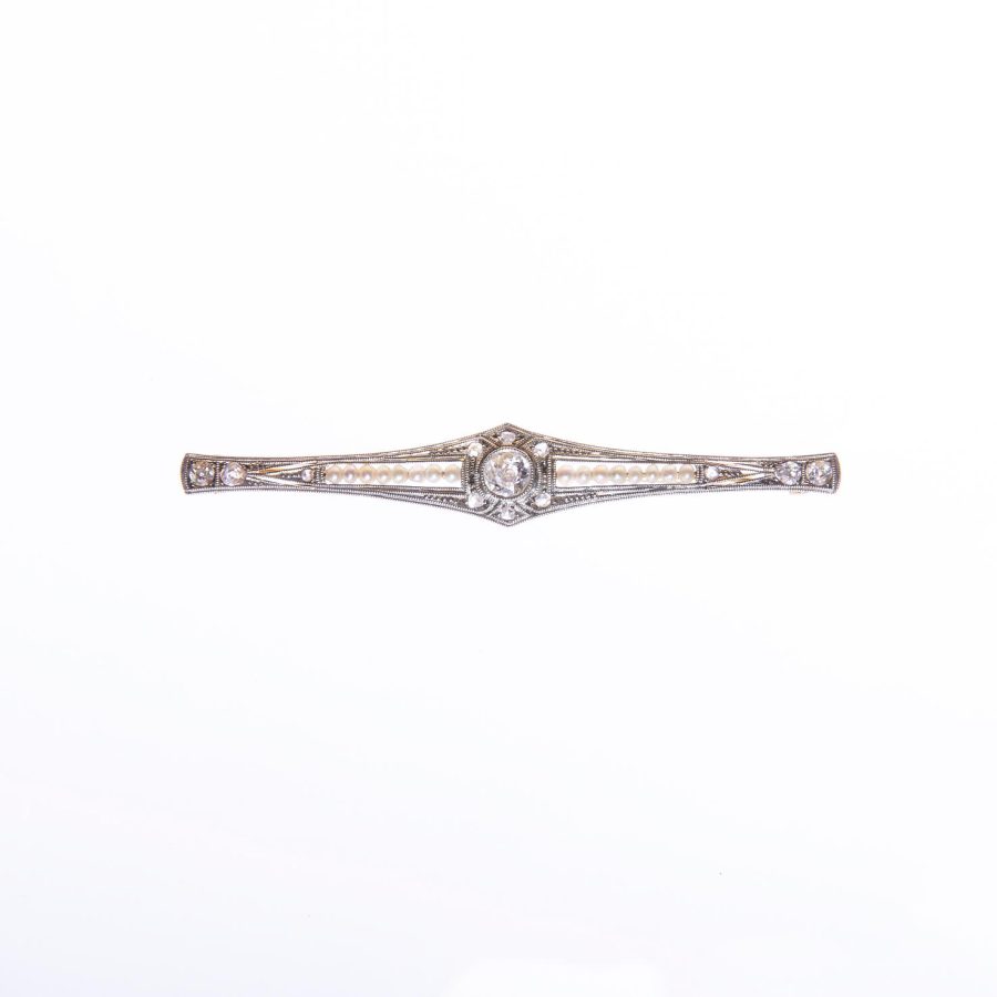 Prendedor oro 18 K blanco y amarillo, perlas, brillantes y diamantes