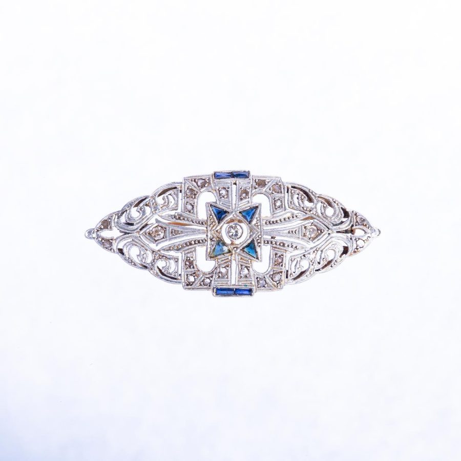 Prendedor oro 18 K blanco y amarillo, zafiros, diamantes y brillantes - Imagen 2
