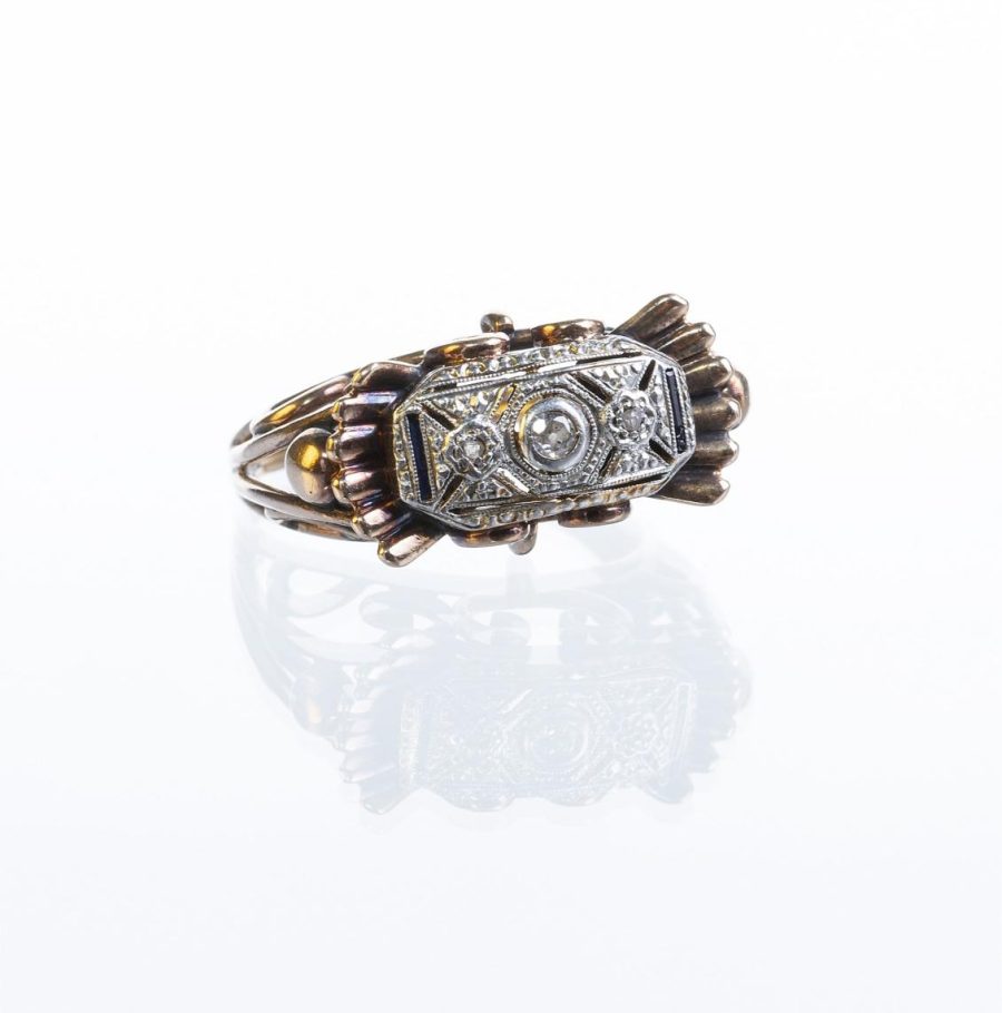 Anillo oro 18 K amarillo, brillante, diamantes y zafiros