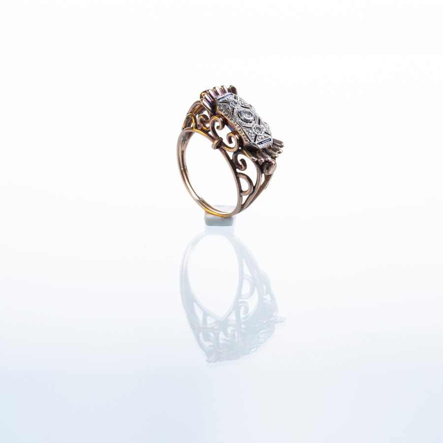 Anillo oro 18 K amarillo, brillante, diamantes y zafiros - Imagen 2