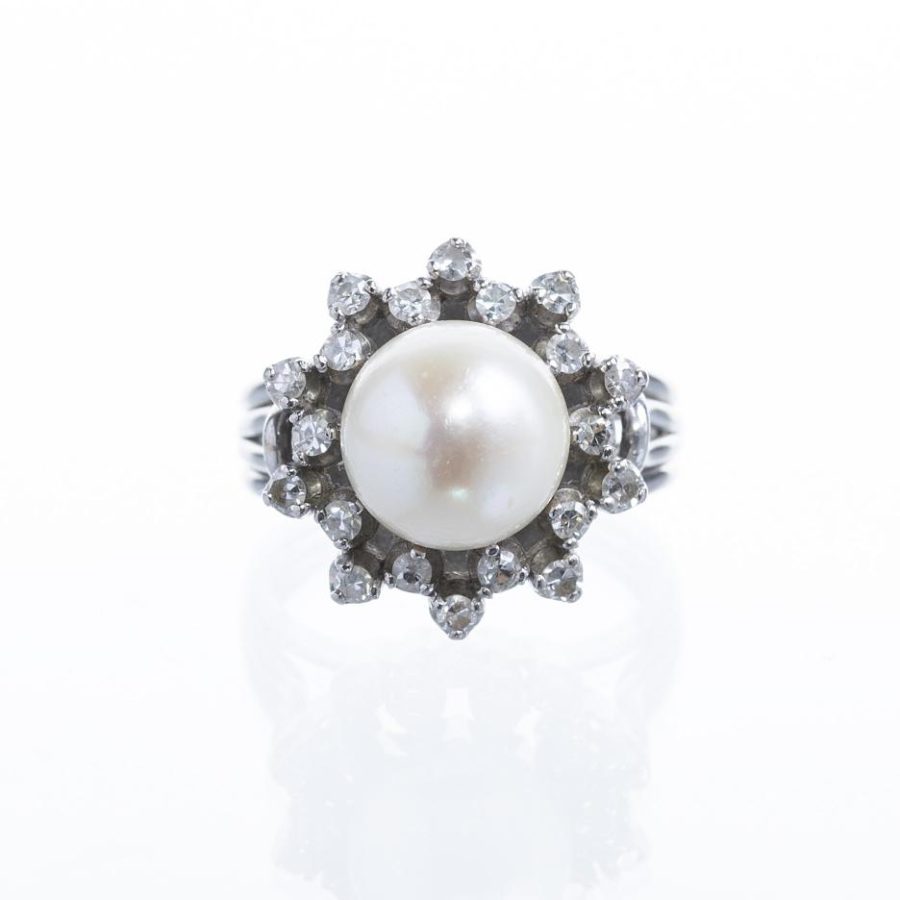 Anillo oro 18 K blanco, perla y brillantes - Imagen 2