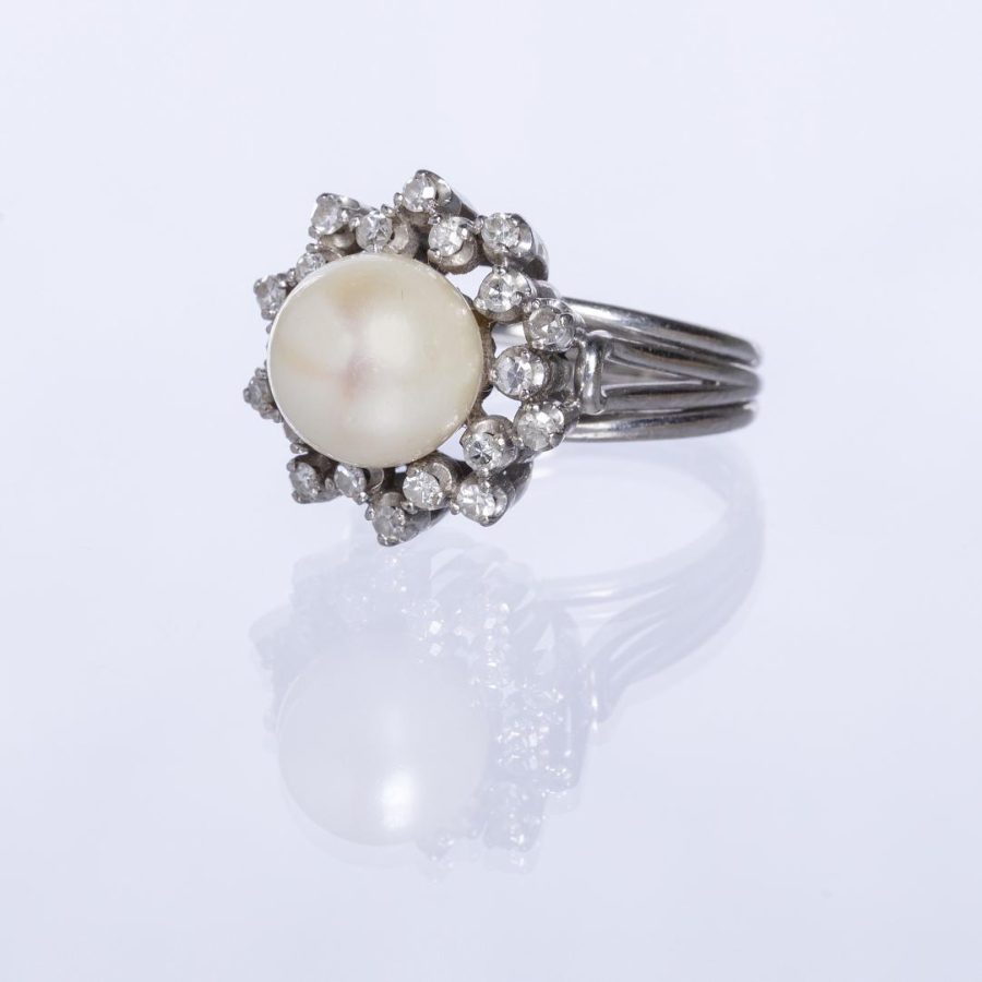 Anillo oro 18 K blanco, perla y brillantes - Imagen 3