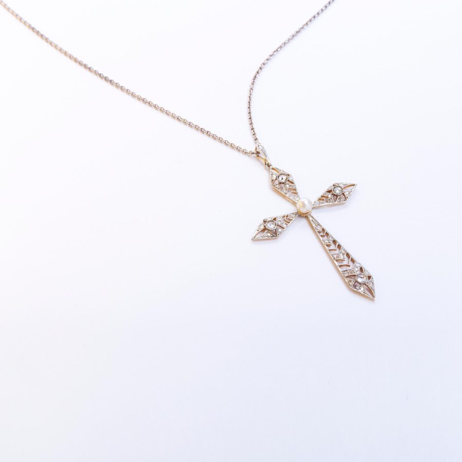 Cruz art decó oro 18 K blanco y amarillo, perla, brillantes y diamantes - Imagen 2