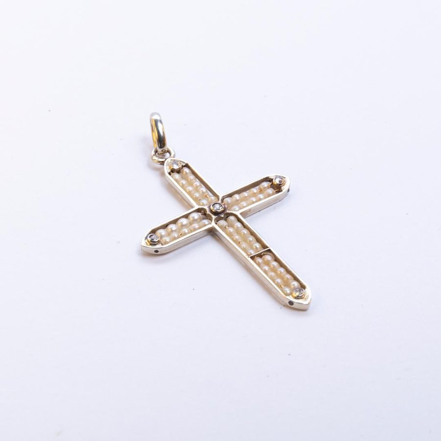 Cruz oro 18 K blanco, perlas y diamantes - Imagen 2
