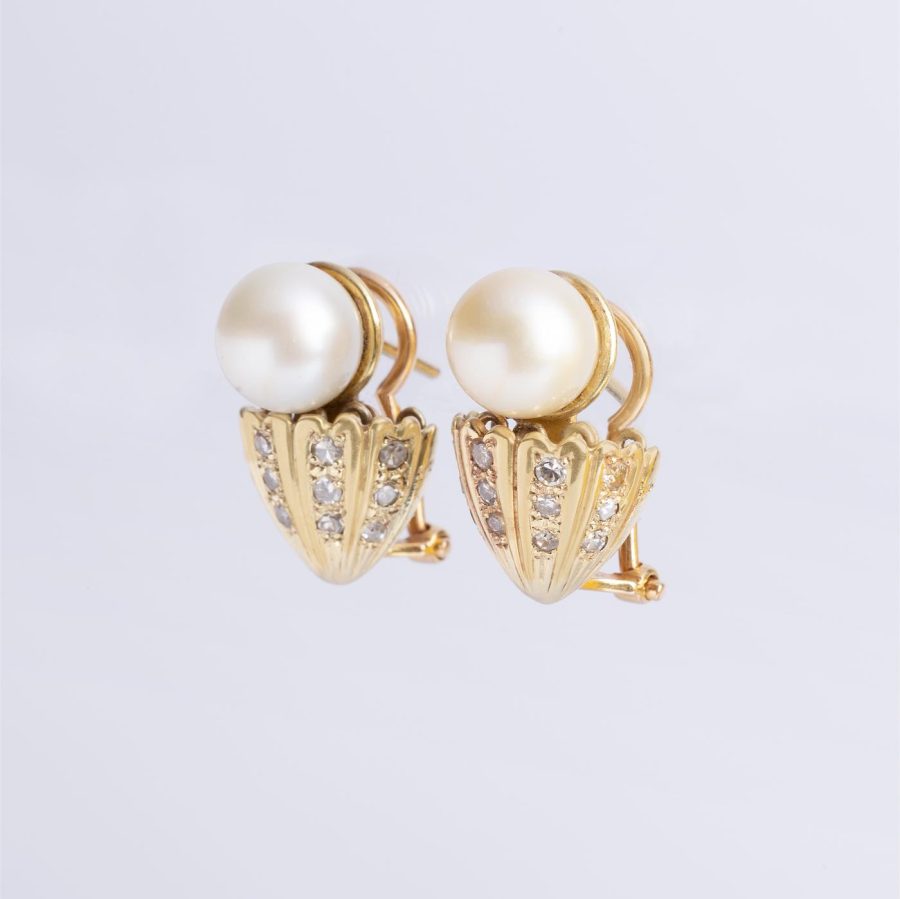 Caravanas oro 18 K amarillo , perla y diamantes - Imagen 3