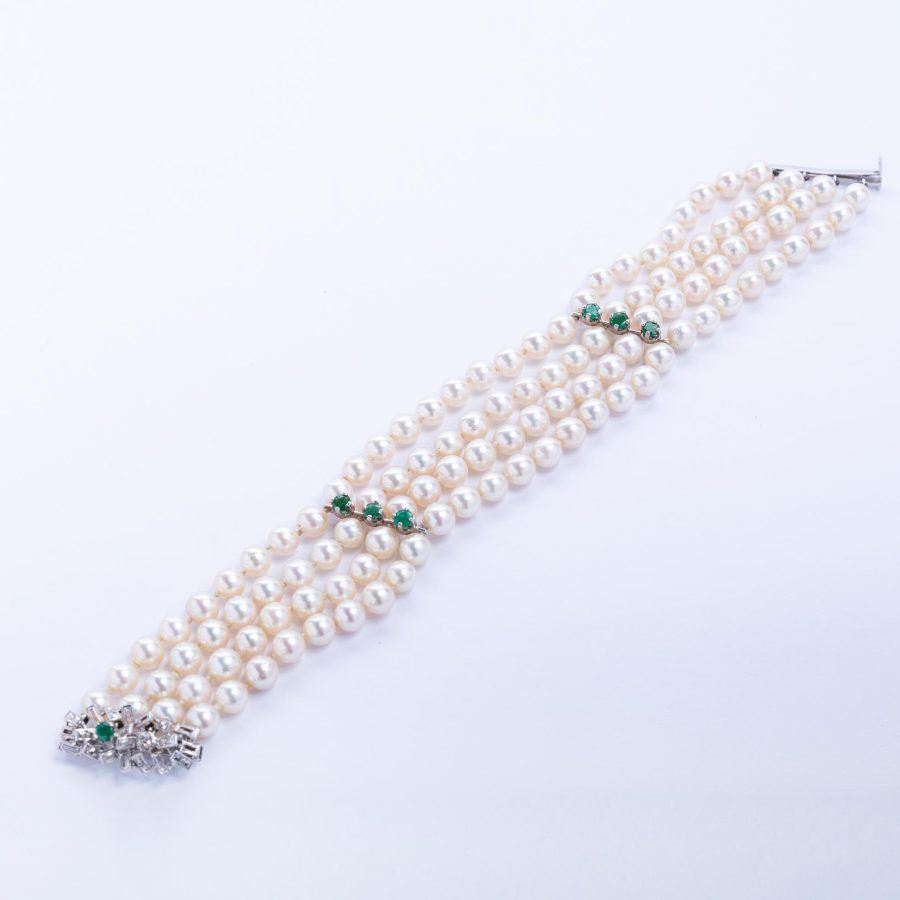 Pulsera perlas, oro 18 K, diamante y esmerladas - Imagen 2