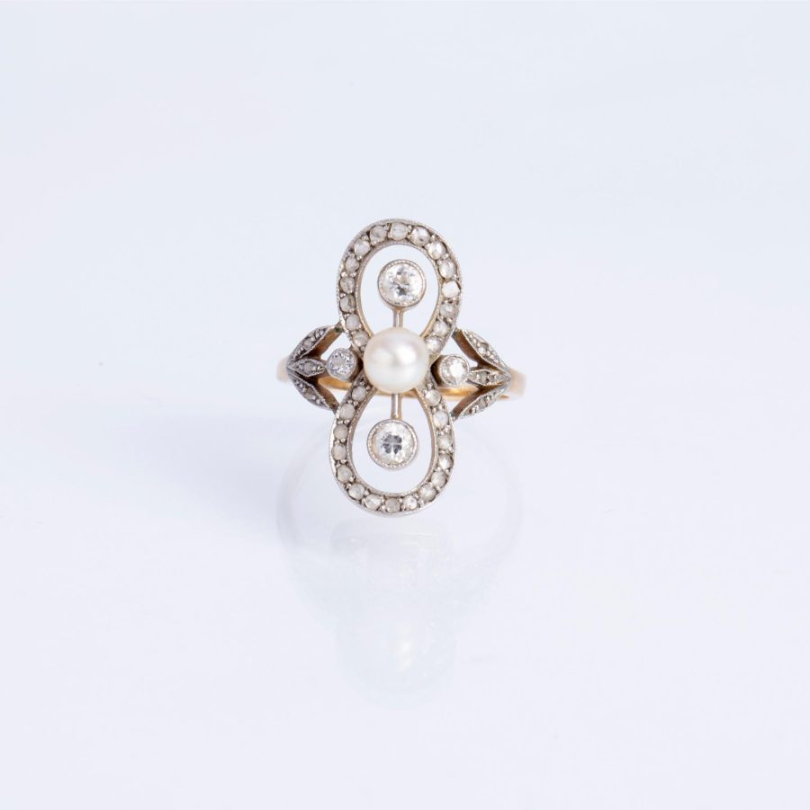 Anillo art nouveau oro 18 K amarillo, perlas y diamantes - Imagen 2