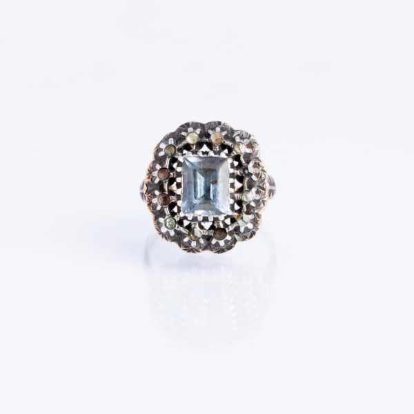 Anillo oro amarillo, plata, aguamarina y diamantes