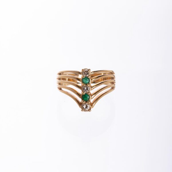Anillo en oro 14 K, diamantes y esmeraldas