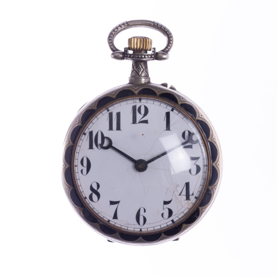 Reloj art decó de bolsillo, en metal y esmalte