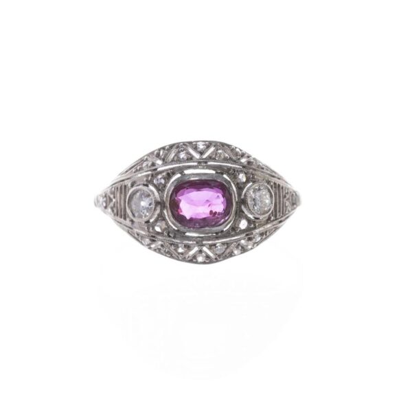 Anillo art decó en oro 18 K, zafiro, diamantes y brillantes