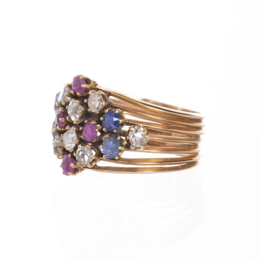 Anillo en oro 18 K con brillante, rubíes y zafiros - Imagen 2